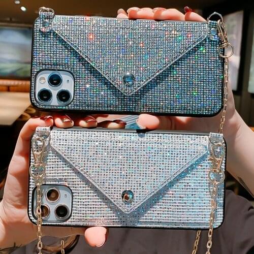 Fhx-Chk Glitter Diamond Cardholder Phone Case For iPhone 12 11 Pro Max XR XSMax 6S 7 8 Plus Shining Crossbody Cover With Chain