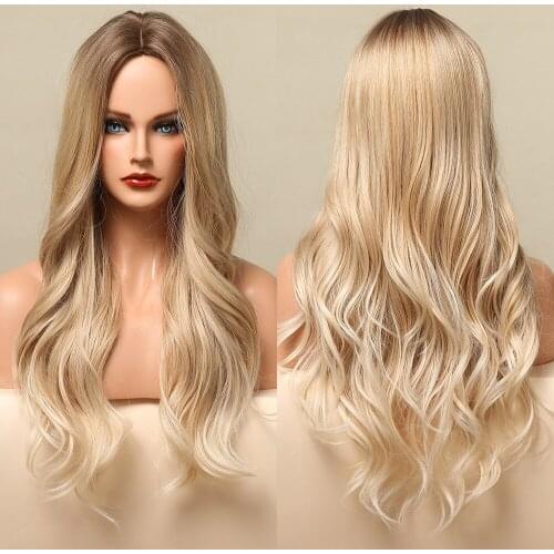 Long Body Wave Wigs Ombre Brown Blonde Synthetic Wigs for Women Natural Middle Part Cosplay Party Daily Use Heat Resistant Fiber