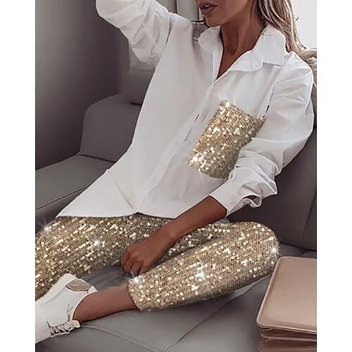 Elegant 2 Piece Set Women White Long Sleeve Shirt & Glitter Shiny Pant Sets Party Ladies Outfit