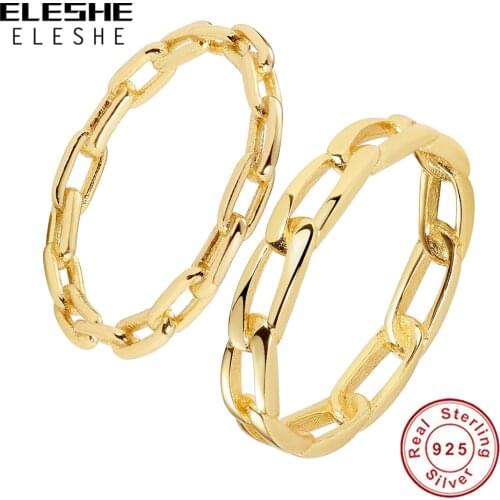 ELESHE Simple Chunky Chain Link Flower Rings with 18K Gold Plated 925 Sterling Silver Fashion Ring For Women Wedding Jewelry