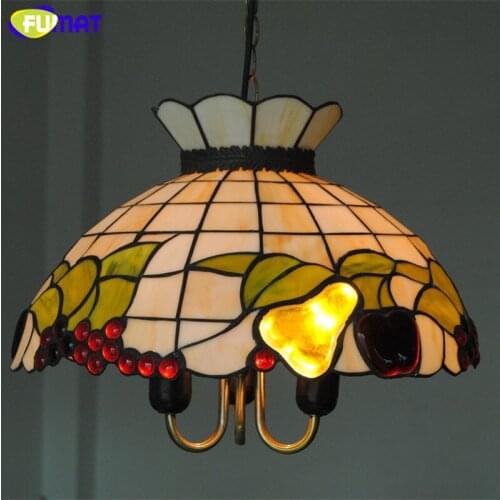 FUMAT grape cherry orchid hummingbird tiffany pendant lamp multi color stained glass hanging light fixture handicraft decor 16"