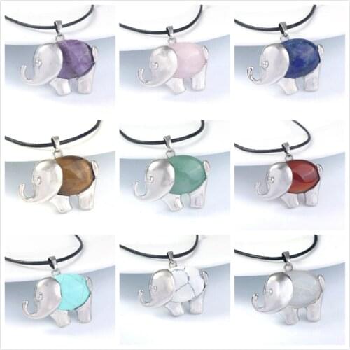 FYJS Unique Silver Plated Elephant Shape Green Turquoises Stone Pendant Rope Chain Necklace Lapis Lazuli Jewelry