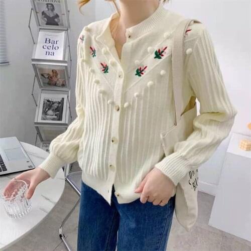 Knitted cardigan womens autumn and winter new long-sleeved round neck women embroidered flower sweater loose jacket