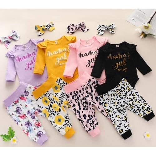 New Infant Baby Girls Long Sleeve Round Neck Letter Print Romper Leopard / Flower Pattern