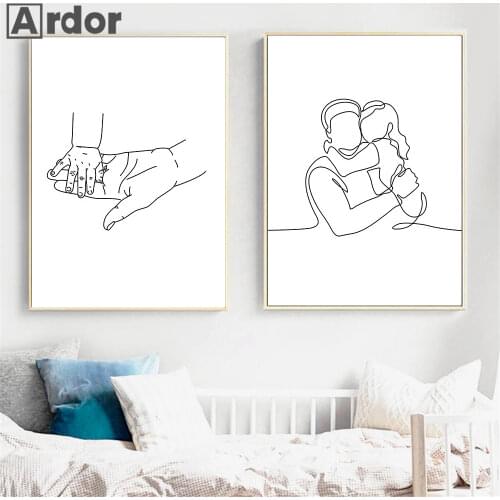 Father And Daughter Line Drawing Poster Abstract Baby Hand Wall Art Canvas Painting Family Print Wall Pictures Living Room Decor