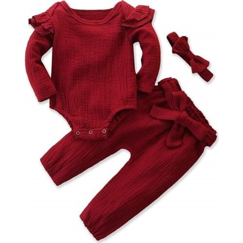 Newborn Baby Boys Girls clothes round neck long sleeve Bodysuit bow Headband solid Bandage Pants 3pc autumn cotton Outfits