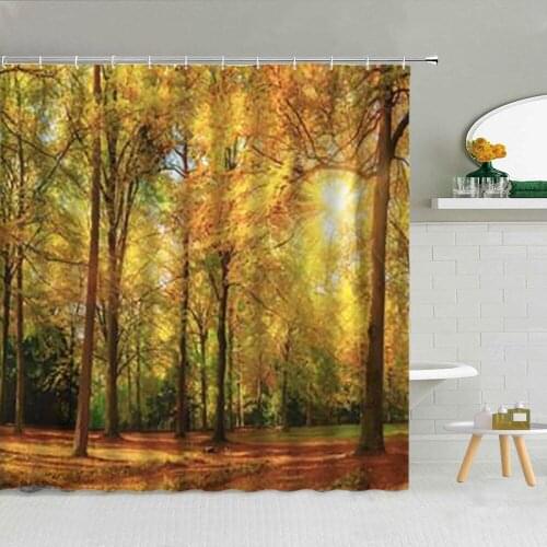 Autumn Forest Scenery Shower Curtains Golden Leaves Warm Sunlight Beautiful Scenery Landscape Bathroom Decor Curtain Set Cloth