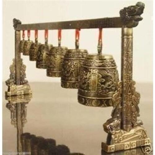 A Pair Meditation Gong with 7 Ornate Bells with Dragon Design 15cm*38cm 2pcs Garden Decoration Bronzeroom Art Statue