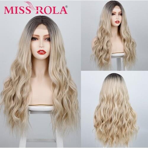 MISS ROLA Long Wavy Blonde Brown Ombre For Women Wigs Middle Part Hair High Temperature