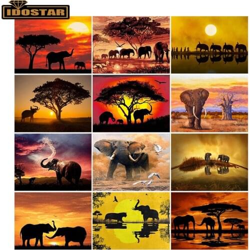 Full Square 5D Diamond Painting Sunset African Grassland Elephant Cross Stitch Kit Diamond Embroidery Mosaic Rhinestone Decor