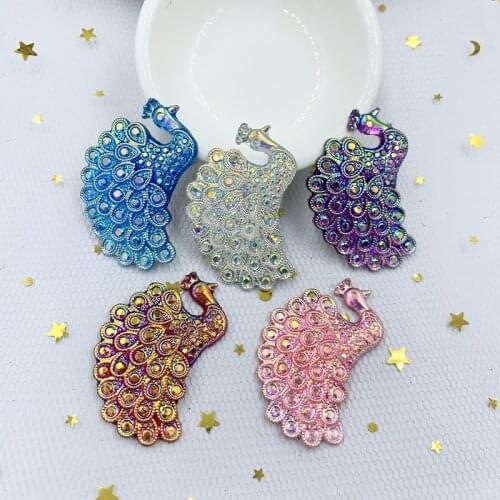 DIY 6PCS 31*48mm AB Resin Colorful Peacock Flat back rhinestone applique gem Embellishme Wedding decorate -W21A