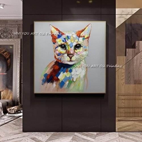 Modern Art Colorful Cute Cat Oil Paintings on Canvas Graffiti Art Animals Posters Handmade Wall Pictures for Home Living Room