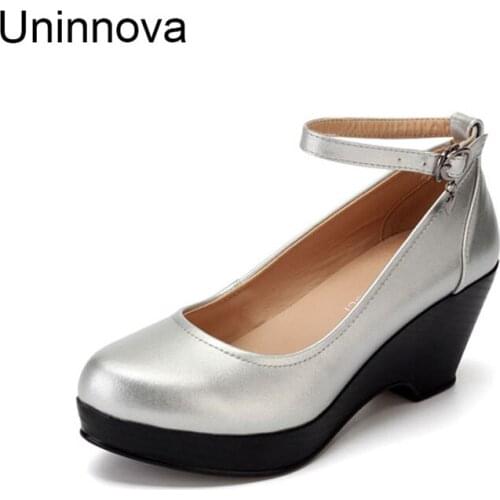 Womens ankle wrap platform wedge working and career comfortable shoes spring fall genuine leather uninnova pumps wp114