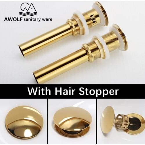 Bathroom Sink Pop Up Drain For Basin Vessel With Hair Stopper filter trap Overflow Hole Gold Solid Brass Accessories AH6147