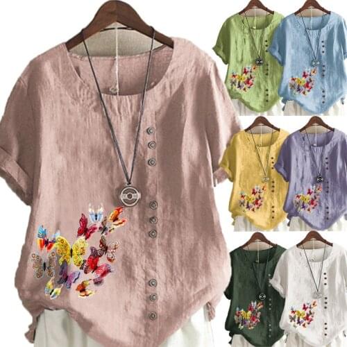 Womens Fashion Linen Shirt Butterflies Printed T-shirt Summer Short Sleeve Tops O-neck Loose Blouse S-5XL