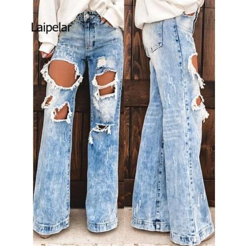 Womens Jeans with Holes Ripped High Wasit Jeans Trousers Summer Fashion Female Denim Wide Leg Pants