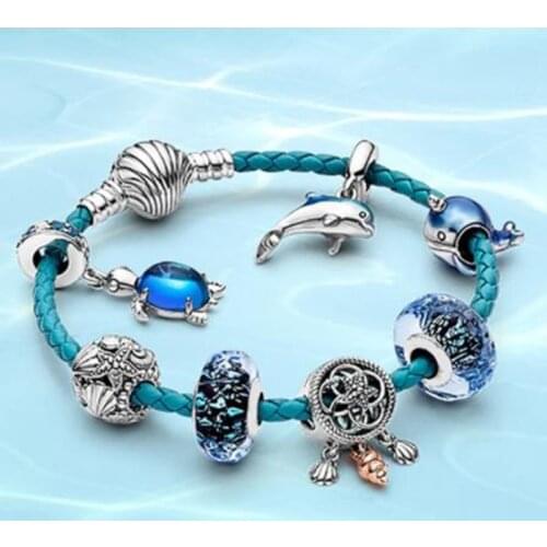 100% S925 Sterling Silver Summer Ocean Series Blue Secret Fish Starfish Turtle Glass Shell Leather Fashion Bracelet Female