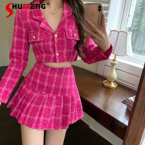 2021 Early Autumn Ladies New Fashion Simple Plaid Short Suit Coat Womens Sweet High Waist A- Line Pleated Skirt Two-piece Sets