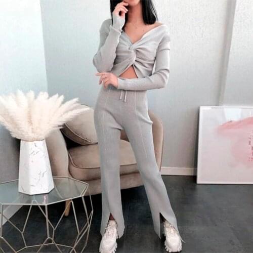 Elegant Knitted Two Piece Sets Women Kink V Neck Long Sleeve Crop Tops And Drawstring Pant Suits Slim Ladies Solid Tracksuits