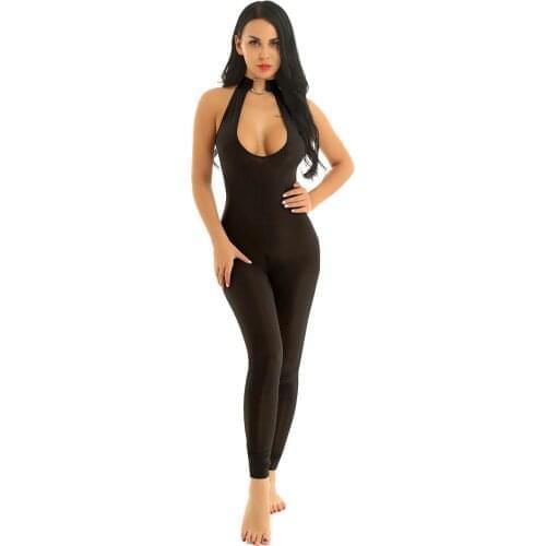 Womens Ouvert Body Transparent Halterneck Open Bust Zipper Crotch Full Body Tights Sexy Femme Overalls Jumpsuit Clubwear