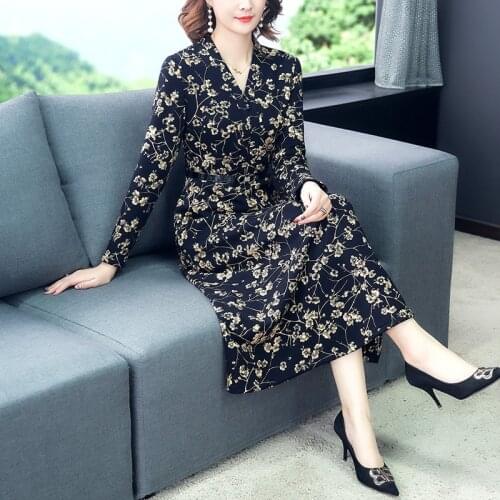 Women Dresses Autumn Winter Casual Slim Ladies Dress A-Line Printed V-Neck Long Sleeve Plus Size vestidos M-5XL