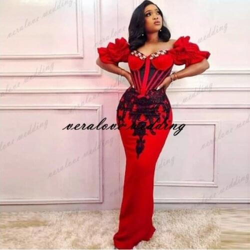 Robe de soirée de mariage African Evening Dress Mermaid With Short Sleeves Lace Appliques Aso Ebi Prom Dress Custom Size