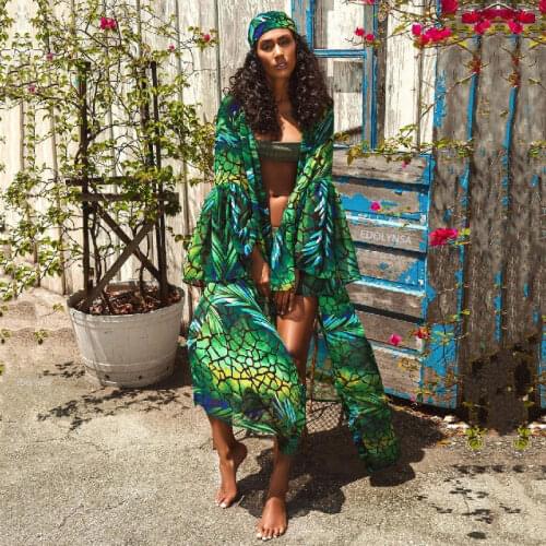 2021 Boho Print Bikini Wrap Cover-ups Sexy Flare Sleeve Self Belt Summer Women Kimono Dress Beach Wear Swim Suit Cover Up A854