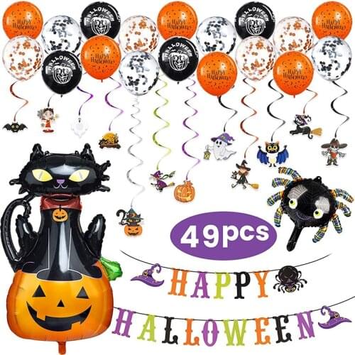 49pcs/set Halloween Party Balloons Garland Spider Pumpkin Cat Balloons Banner Pendant Halloween Themed Party Decor Supply