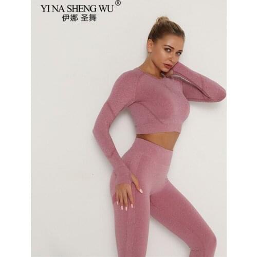 Seamless Yoga Pants Set Women Workout Sportswear Gym Sports Clothing Fitness Long Sleeve Crop Top High Waist Leggings+Sport Bra