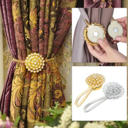 DRELD 2pcs/set Magnetic Tieback Crystal Curtain Holdbacks Diamond Clips with Wire Rope Bedroom Living Room Curtain Decoration