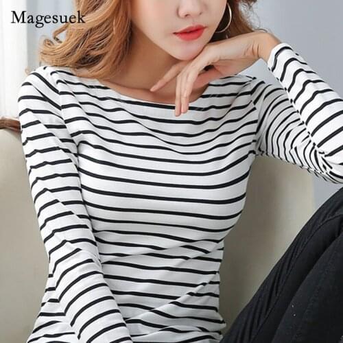 Tee Shirt Autumn Cotton T Shirt Women Loose O-Neck Woman Tshirts Clothes Striped Top Bottom Shirt Long-sleeved T-shirt 15642