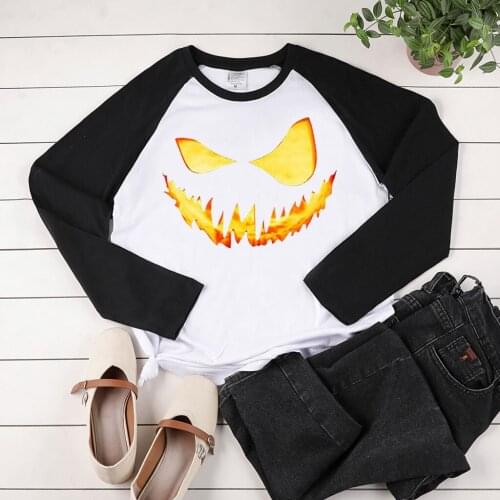 Pumpkin Emotions Printing Halloween Long Sleeve T-shirts Women Autumn Winter Woman Tshirts Cotton Two-tone Stiching Tops Female