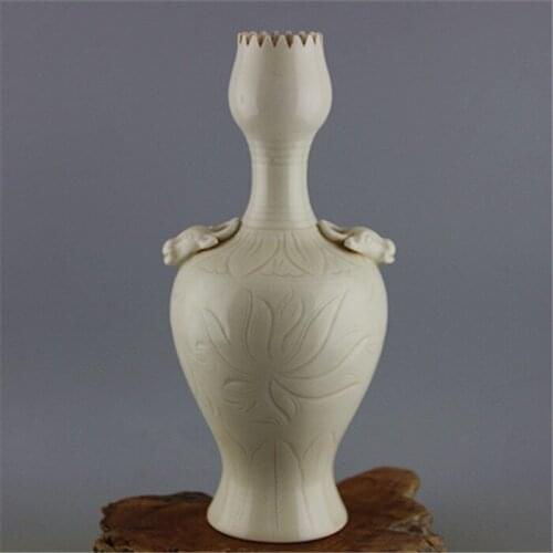 Song Dynasty Ding Kiln Hand-carved Garlic Vase with Bulls Ears,Decoration,Collection&Adornment,Free shipping