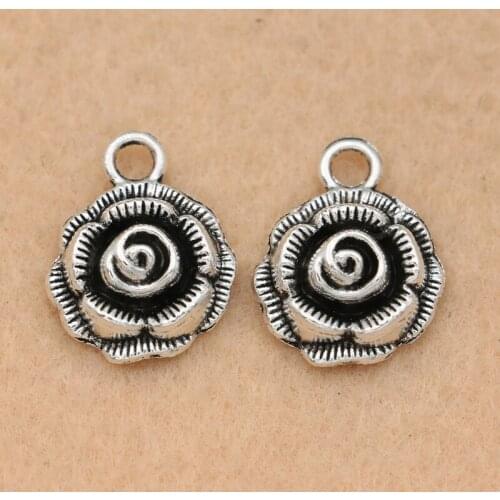 KJjewel Antique Silver Plated Rose Flower Charm Pendant Jewelry DIY Making Bracelet Accessories 17x15mm 10pcs/lot