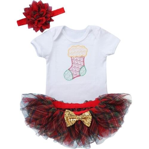 3Pcs Infant Baby Girl Clothes Christmas Romper Short Sleeve Jumpsuit Cartoon Sock Waistband Sewed Mesh Tutu Skirt with Headband