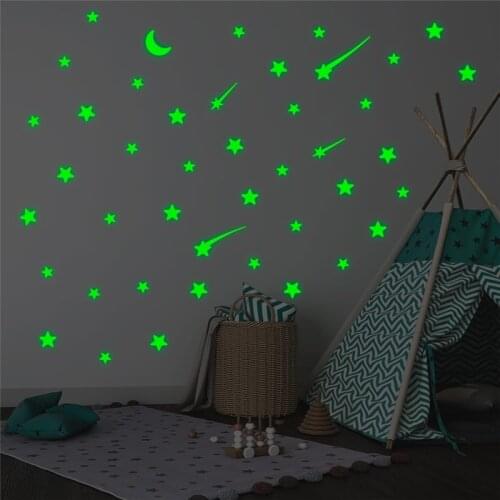 Creative meteor stars moon luminous on wall stickers bedroom home decorations green glow in the dark fluorescent wall decals