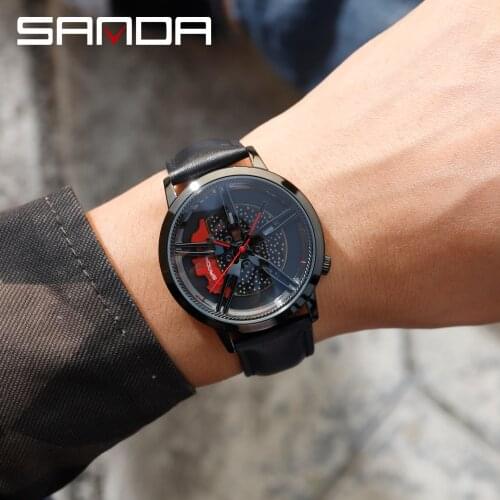 Sanda Top Brand New Men Wristwatch Fashion Wheel Series Dial Leather Strap Waterproof Gift Watch Premium Quartz Movement 1040