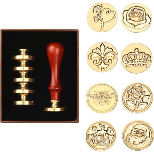 Wax Seal Set Stamp Gifts Boxed Christmas Stamp Envelope Wedding Invitation Sealing Wax 1 Handle + 5 Copper Head Crafts Wax Print