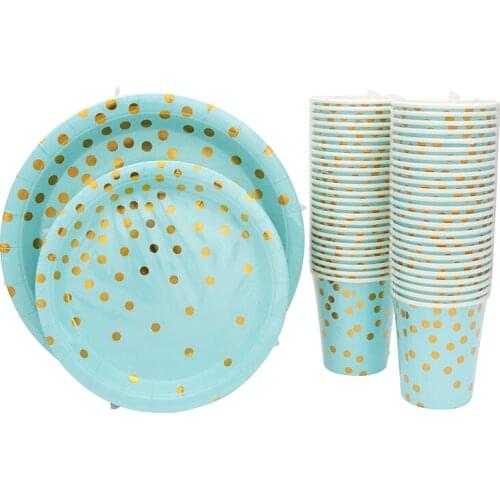 30pcs/lot Bronzing polka dot blue tableware set paper cup plate for Disposable tableware birthday party supplies decoration
