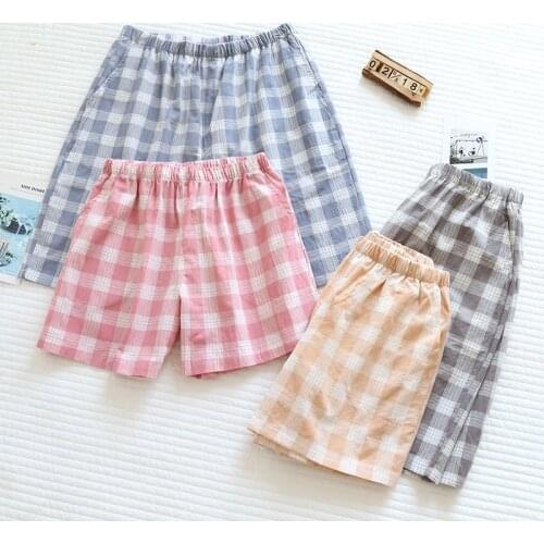 Couples Pajama Shorts Summer Cotton Plaid Pants Mens Plus Size Five-Point Pants Loose Womens Sleepwear