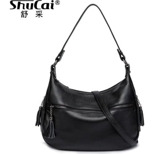 SHUCAI Luxury Women Shoulder Bag Real Genuine Leather Tote Handbag Large Capacity Hobos Fashion Lady Crossbody Purse Black Grey