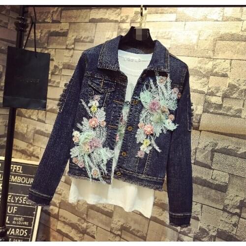 Spring autumn womens casual flowers embroidery broken hole jacket female vintage slim Jean jacket TB3387
