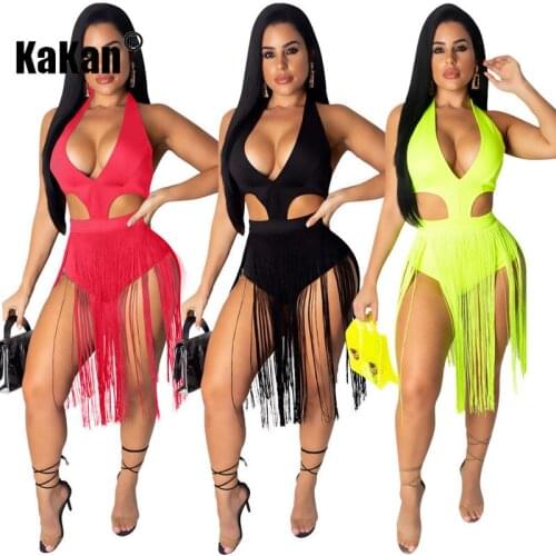 KaKan Nightclub Hot Sale Womens Solid Color Tassel Hollow Jumpsuit 2020 New Sexy Skinny Jumpsuit