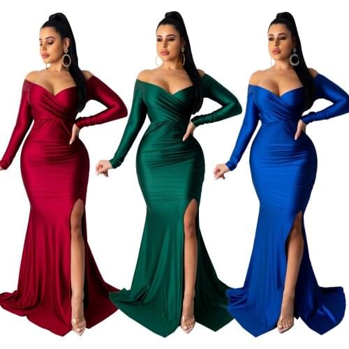 Womens sexy dress nightclub evening Party Long Lace Floral Maxi High Waist V-Neck long sleeves color big slit