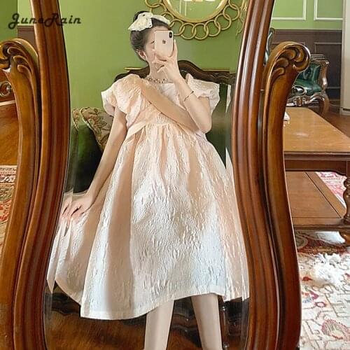 JuneRain Summer Sweet Kawaii Dress Women Vintage Fairy Bubble Sleeve Pink Dress Cross A-line Loose Pretty Princess Cute Dress
