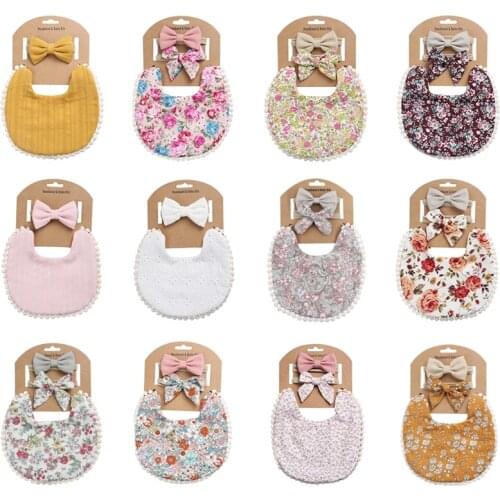 3pcs/lot Baby Tassel Saliva Towel Headband Sets Cute Print Cotton Bibs Anti-spitting Bow Headband Boys Girls Baby Feeding Bibs