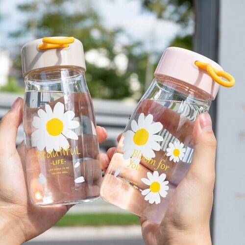 380ml Sports Water Bottle Fresh Little Daisies Pattern Cup Outdoor Plastic Portable Cute Creative Water Cup Silicone Rope