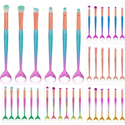 6PCS Mermaid Portable Cosmetic Brush Set Eye Shadow Brush Blush Brush Beauty Dressing Tool