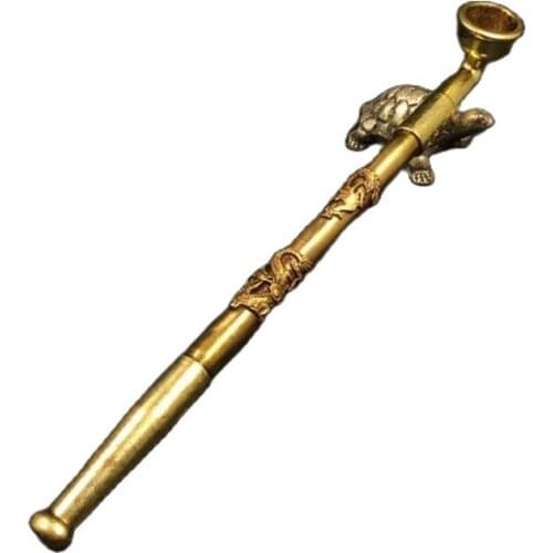 Antique dry tobacco bag with flowers, lengthened brass cigarette bag, cigarette rod inlaid with dragon and phoenix old dry pipe