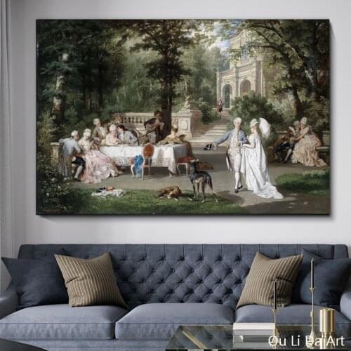 Free shipping nobility Outdoor dinner party canvas prints oil painting on canvas classical court figure wall decoration picture